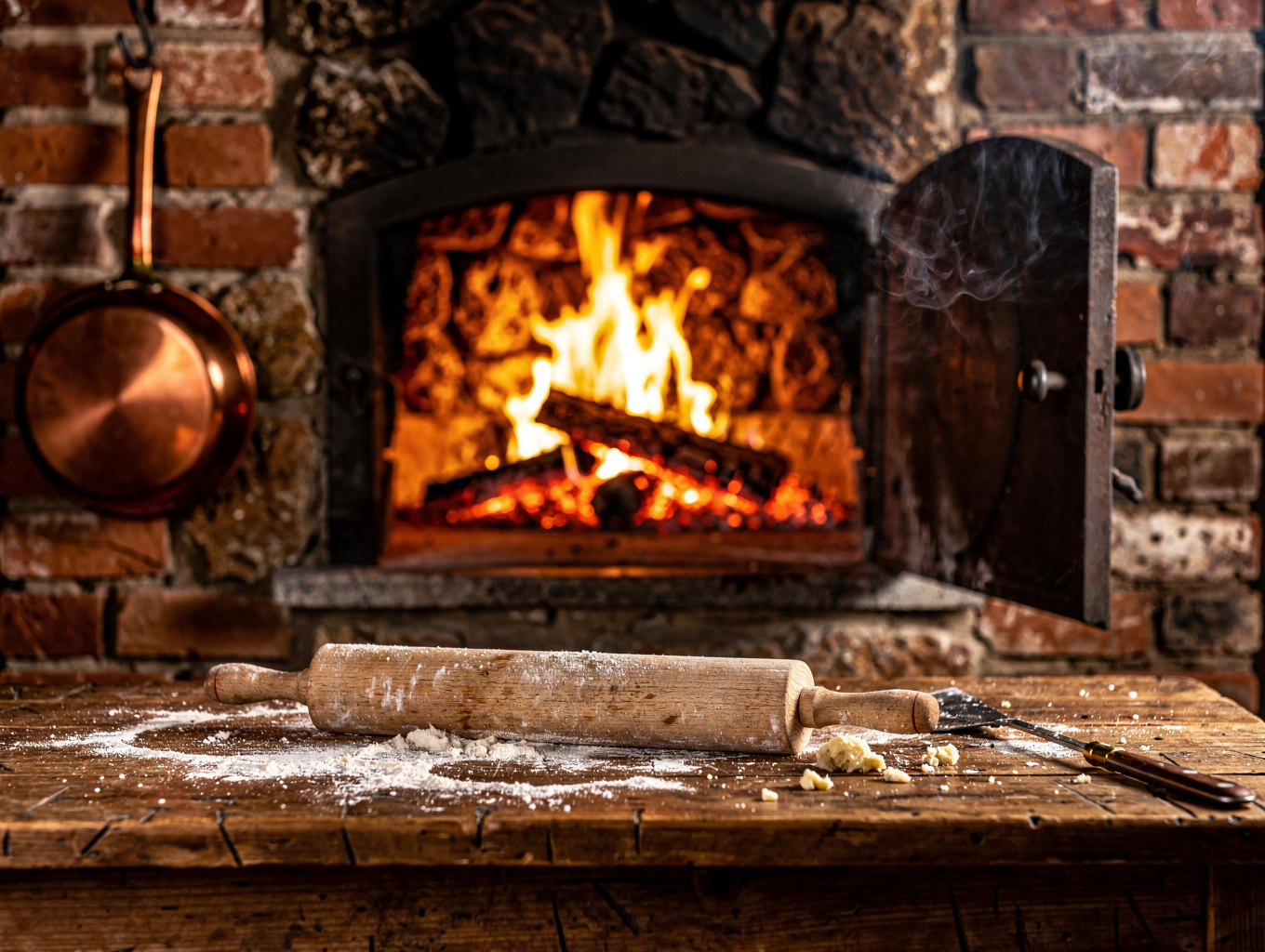 Traditional Italian stone oven glowing with warmth, baking fresh golden buxanka pastries